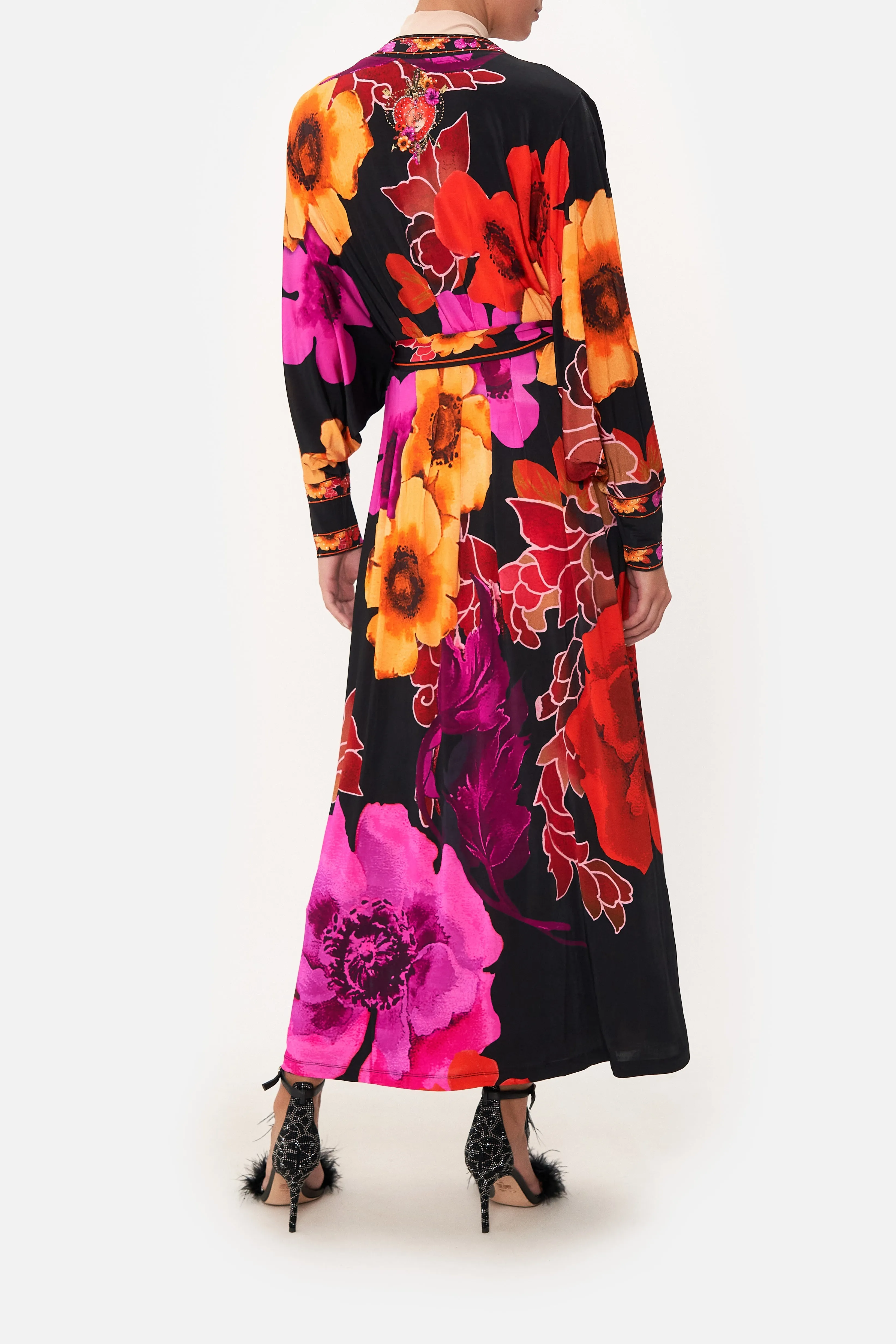 JERSEY WRAP DRESS WITH EXAGGERATED BLOUSON SLEEVE MIDNIGHT POPPY