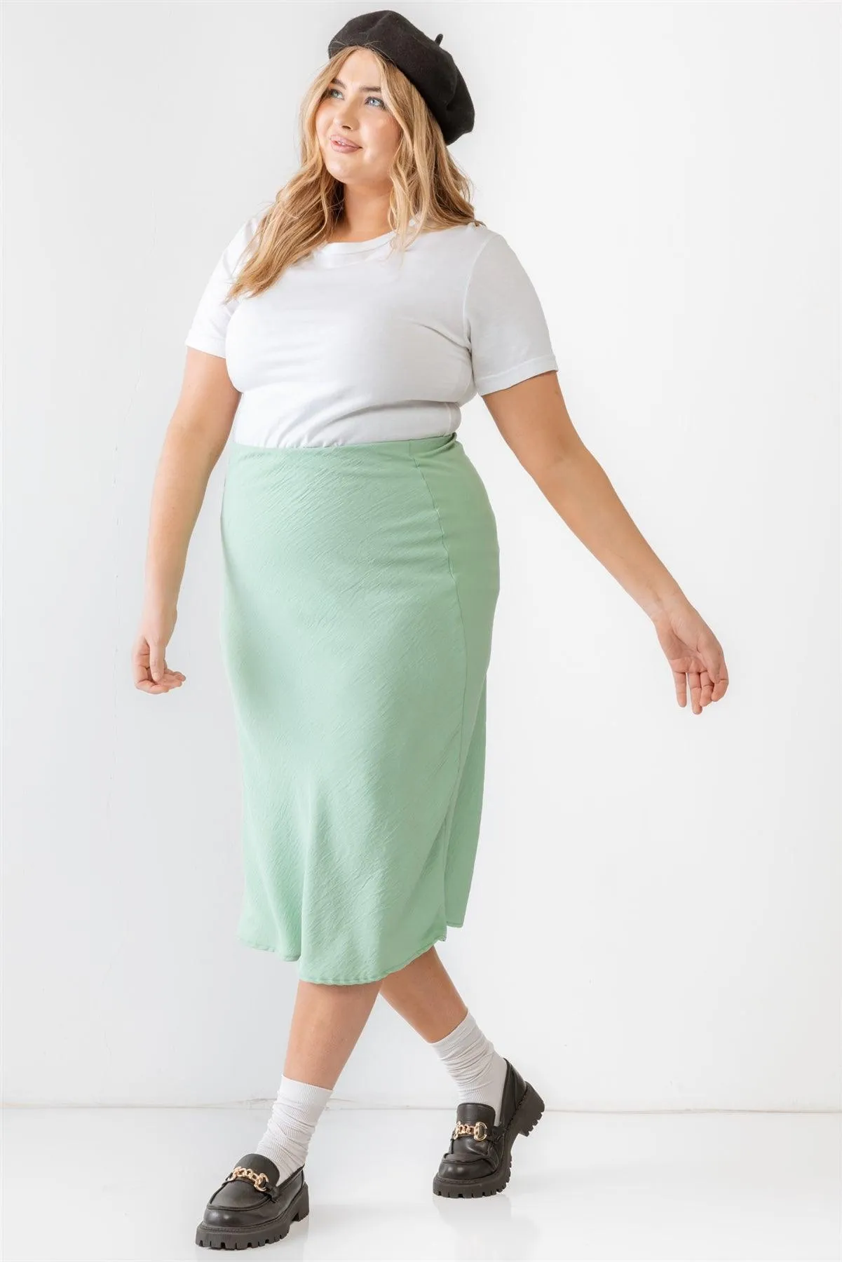 Junior Plus Sage Textured Elastic High Waist Midi Skirt /1-1-1