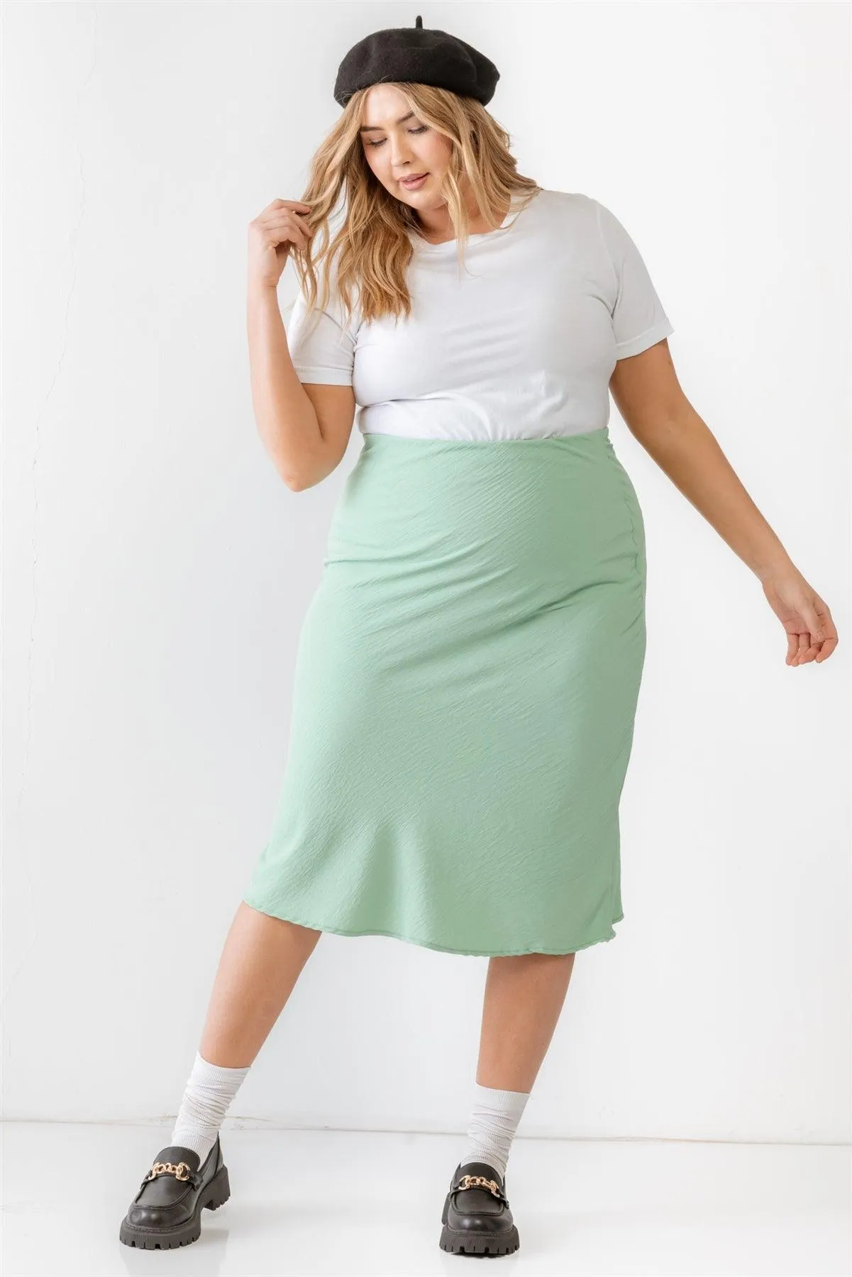 Junior Plus Sage Textured Elastic High Waist Midi Skirt /1-1-1