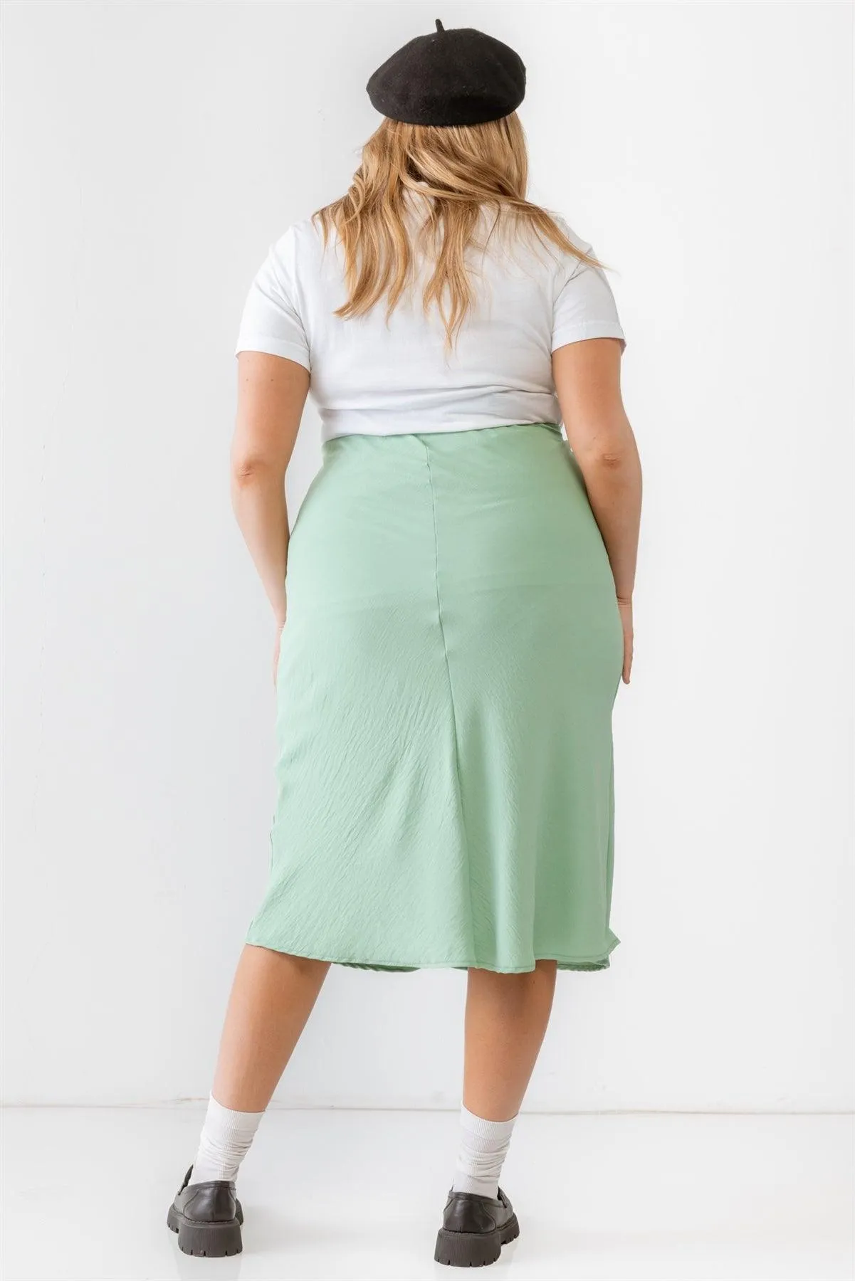 Junior Plus Sage Textured Elastic High Waist Midi Skirt /1-1-1