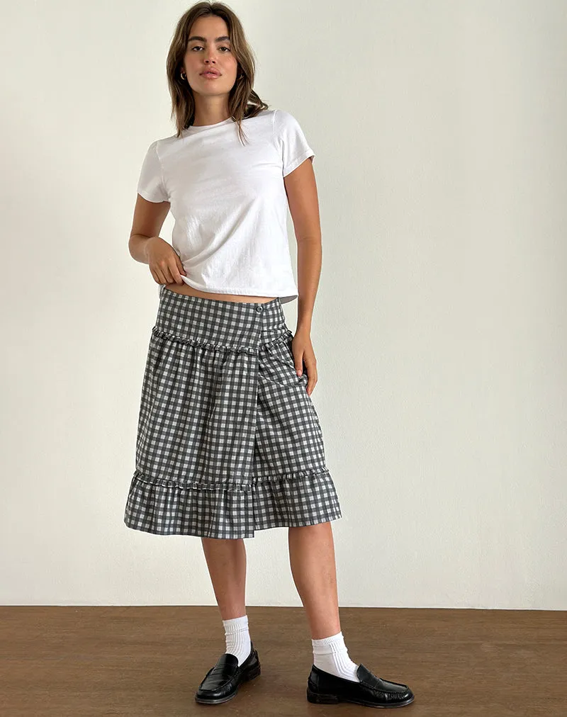 Kasya Midi Skirt in Tonal Gingham Black and Grey