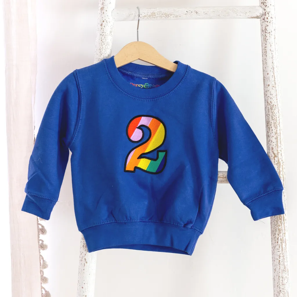 Kids Personalised Rainbow Age Embroidered Sweatshirt Royal Blue