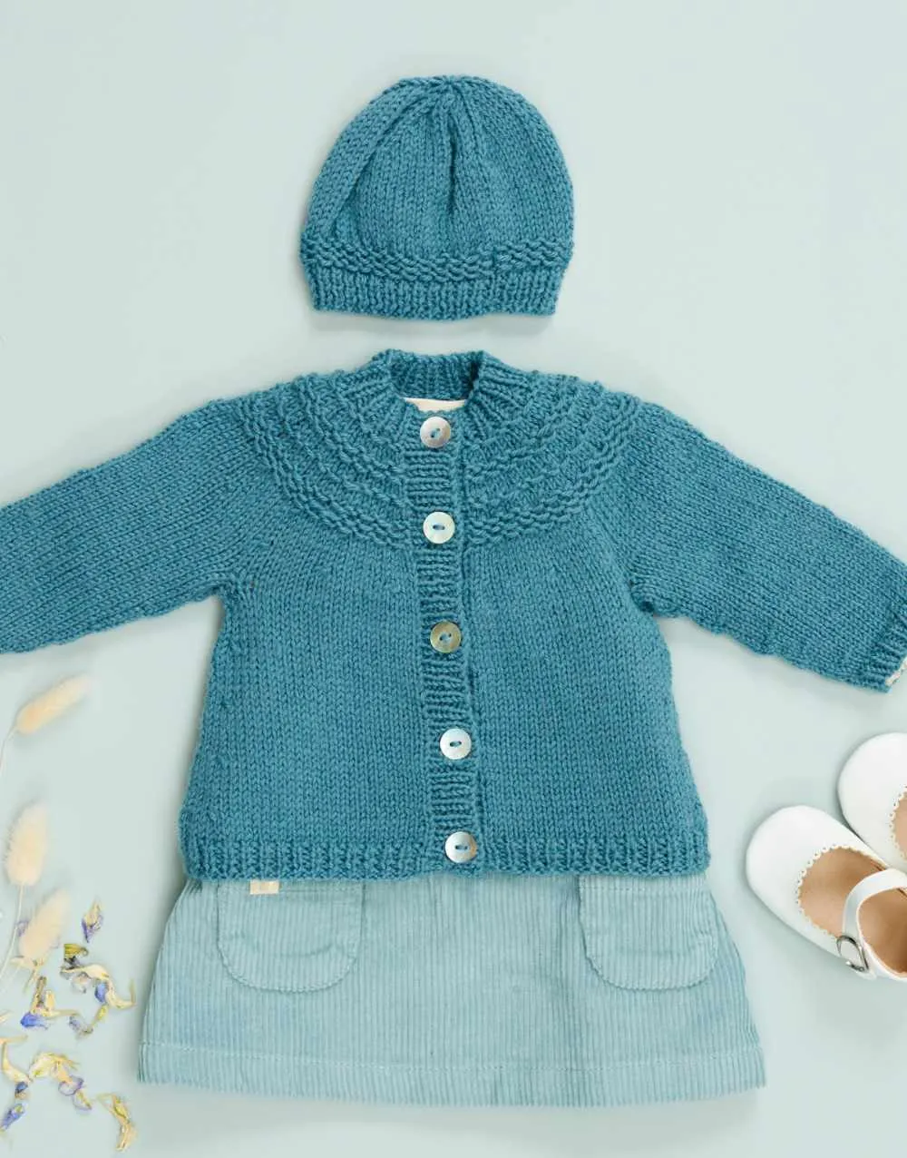 Madeline Yoke Cardigan & Hat Knitting Pattern, Bo Peep DK Yarn