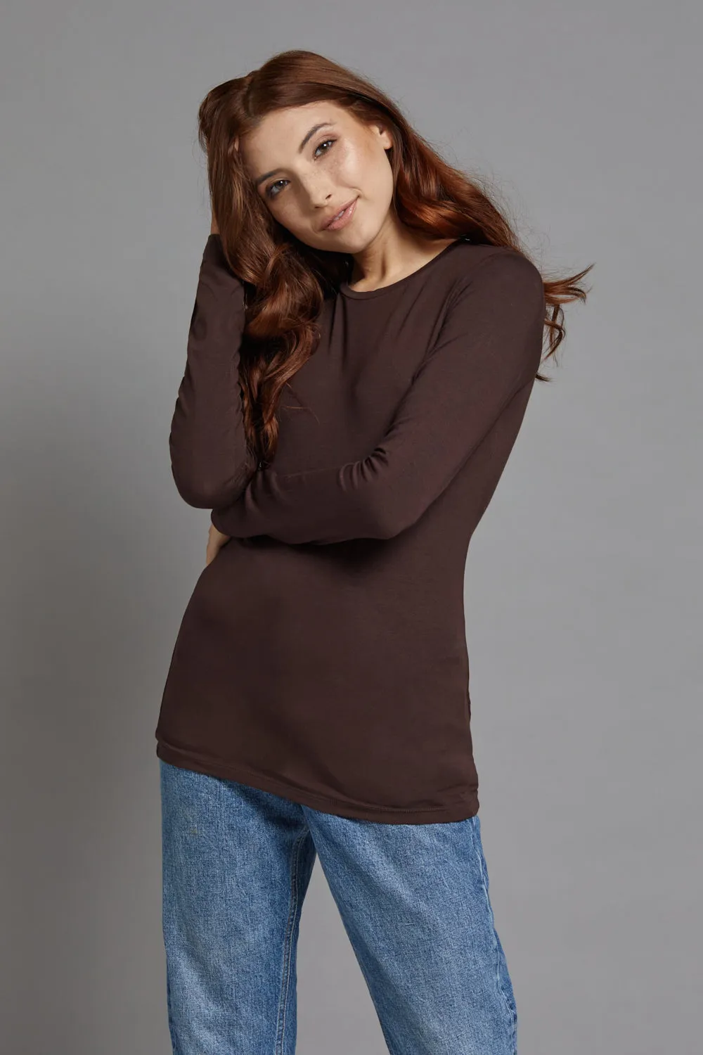 Majestic Long Sleeve Soft Touch Viscose Crewneck in Coffee