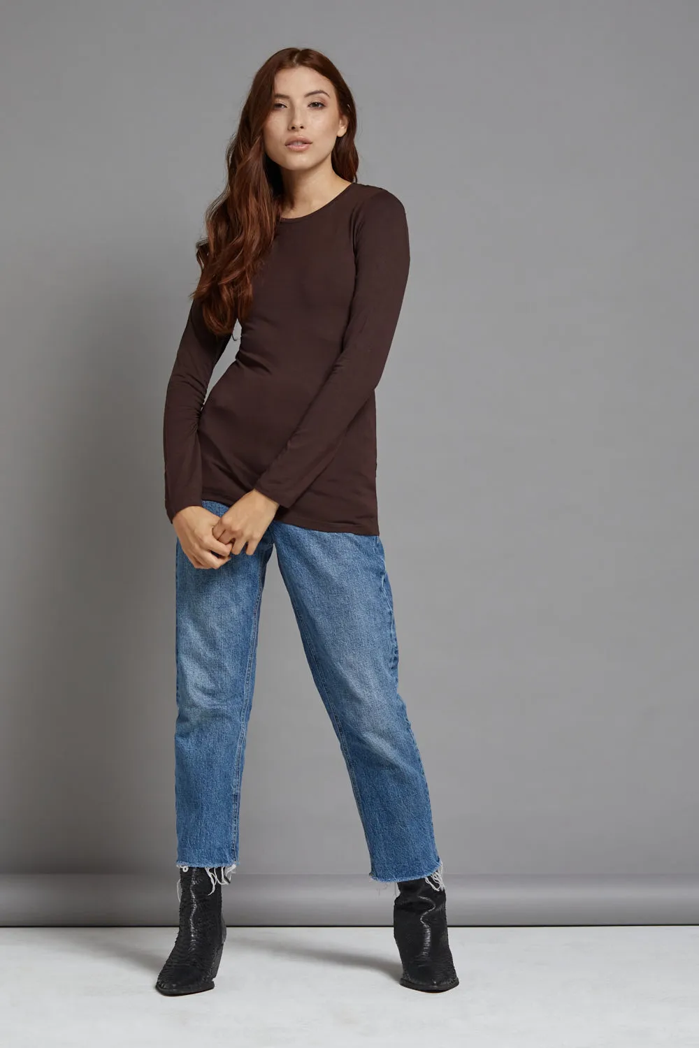 Majestic Long Sleeve Soft Touch Viscose Crewneck in Coffee