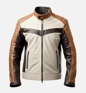 Men’s Coffee Brown Beige Cafe Racer Leather Jacket