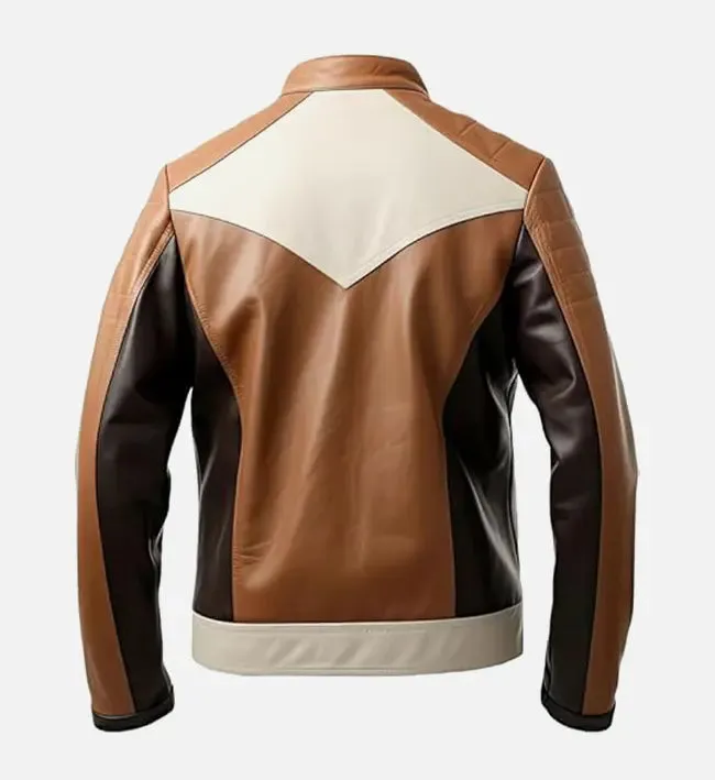 Men’s Coffee Brown Beige Cafe Racer Leather Jacket