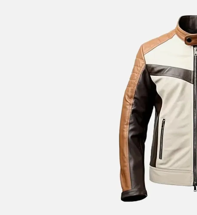 Men’s Coffee Brown Beige Cafe Racer Leather Jacket