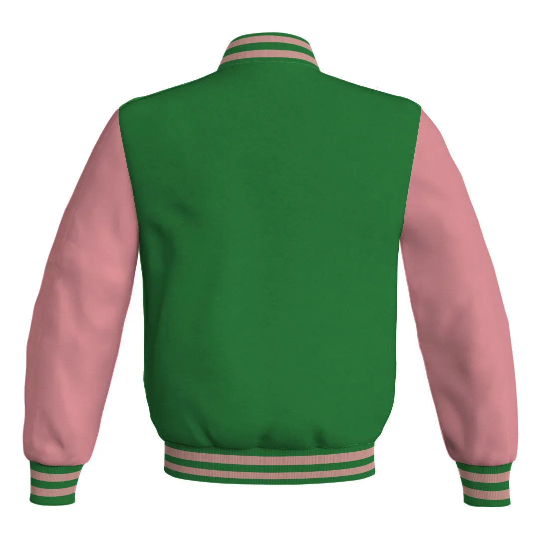 Mens Letterman Jacket Green Body and Pink Leather Sleeves Bomber Jacket