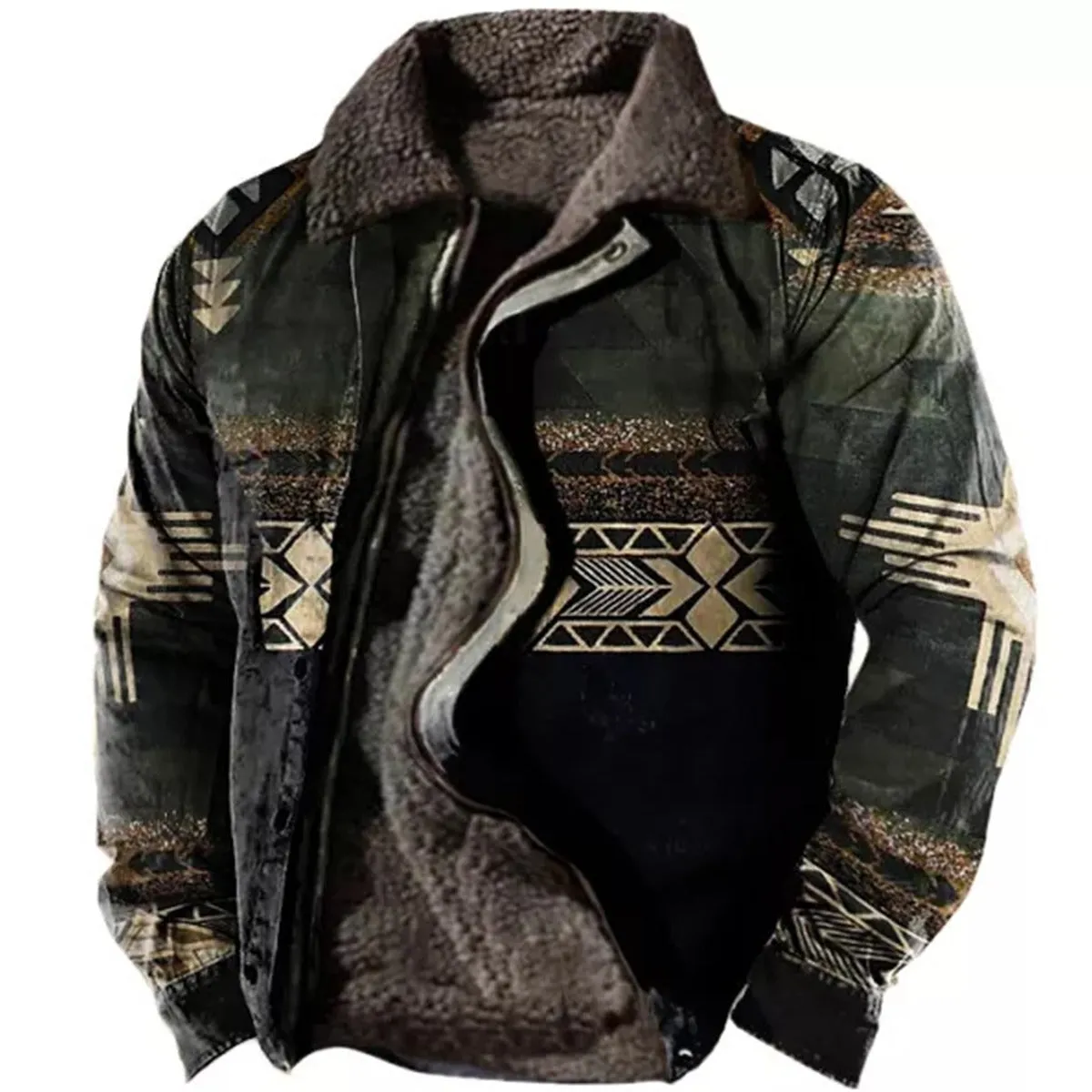 Men's Plus Size Casual Aztec Geometric Print Fleece Jacket Streetwear Fall Winter Loose Fit Coat | TS-6594