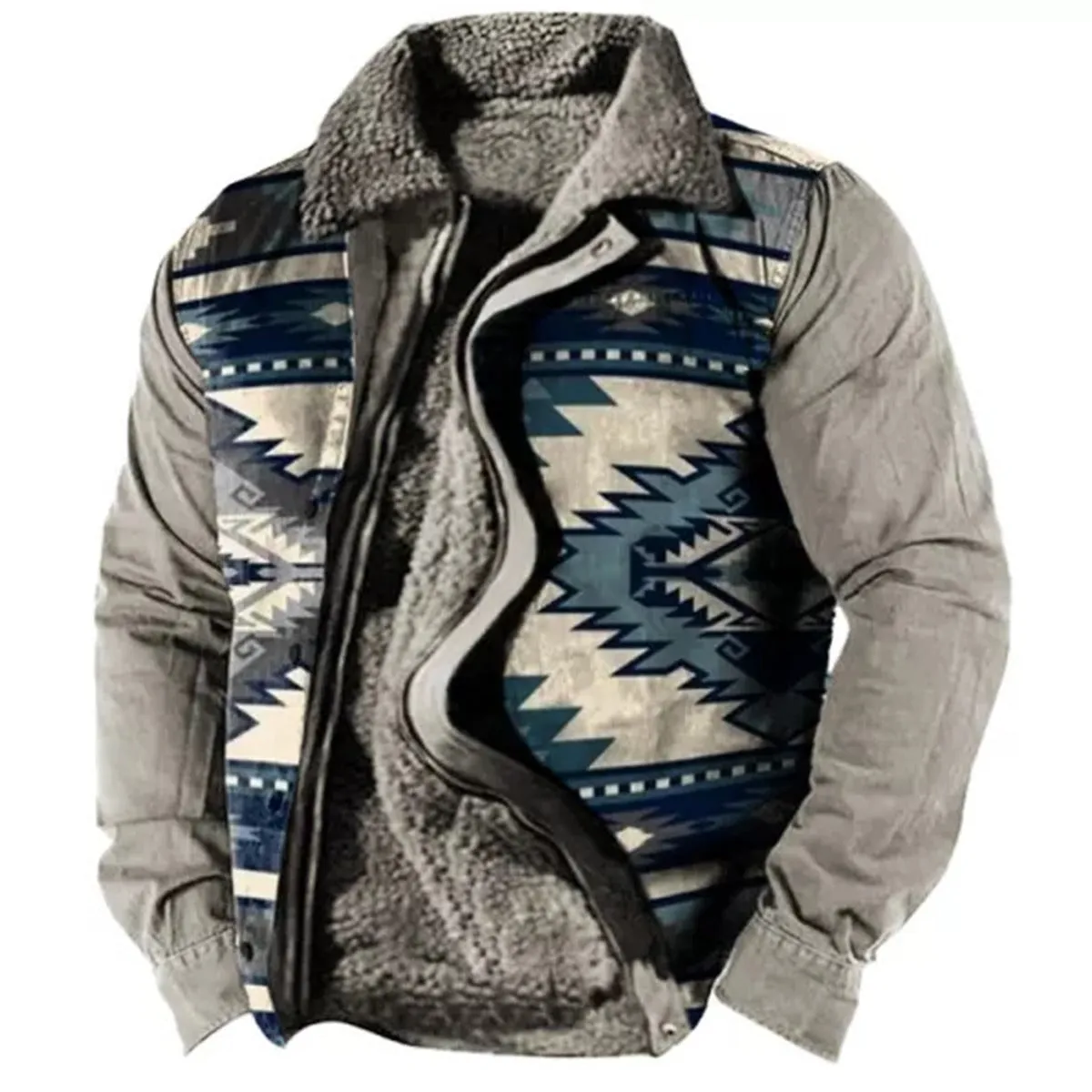 Men's Plus Size Casual Aztec Geometric Print Fleece Jacket Streetwear Fall Winter Loose Fit Coat | TS-6594