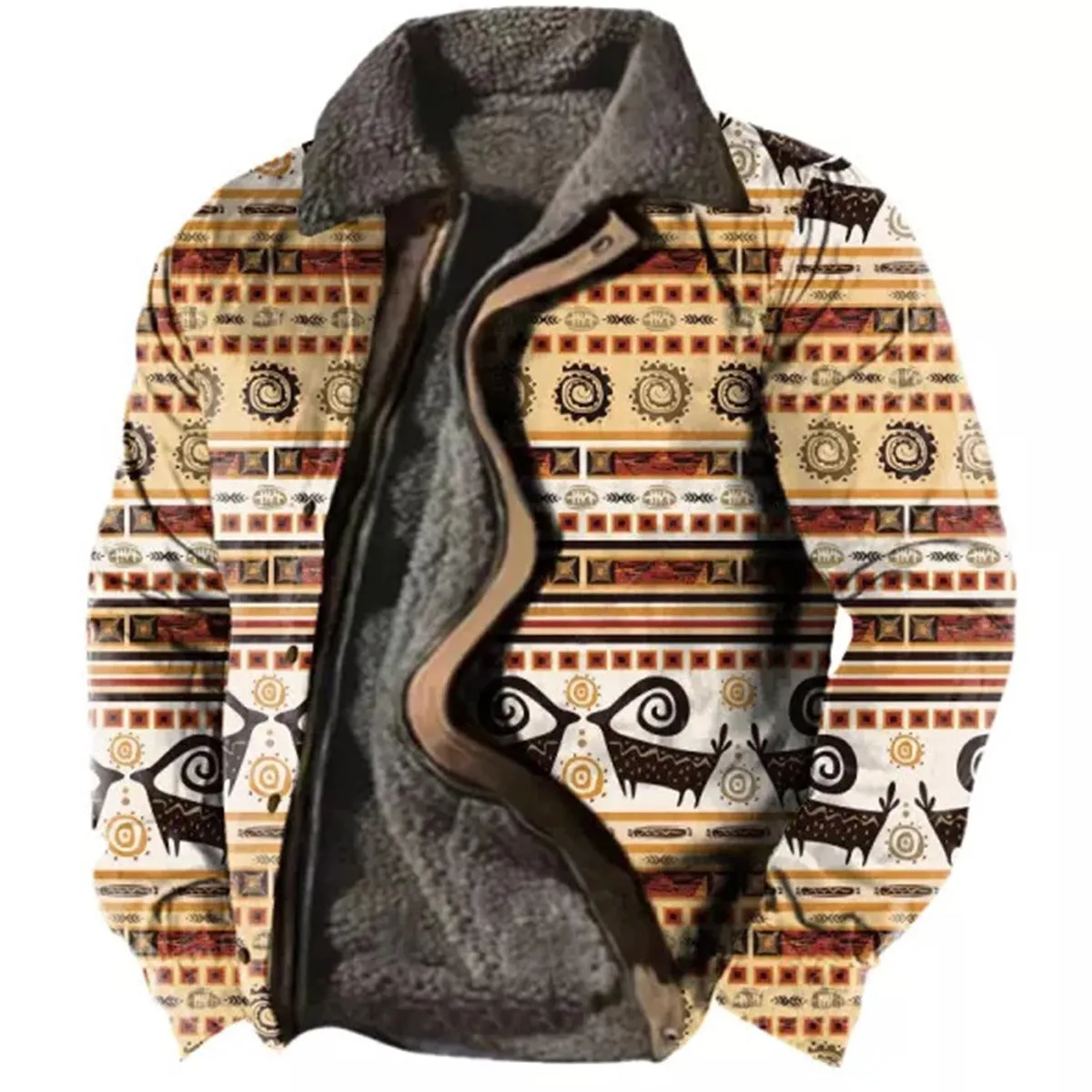 Men's Plus Size Casual Aztec Geometric Print Fleece Jacket Streetwear Fall Winter Loose Fit Coat | TS-6594