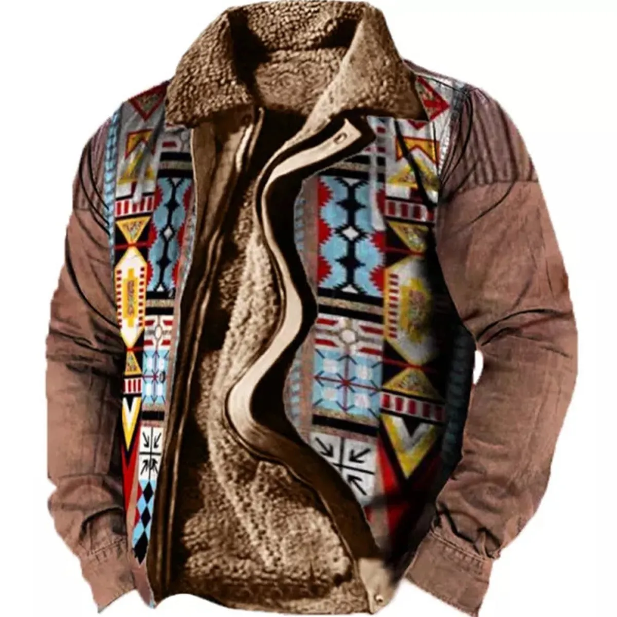 Men's Plus Size Casual Aztec Geometric Print Fleece Jacket Streetwear Fall Winter Loose Fit Coat | TS-6594