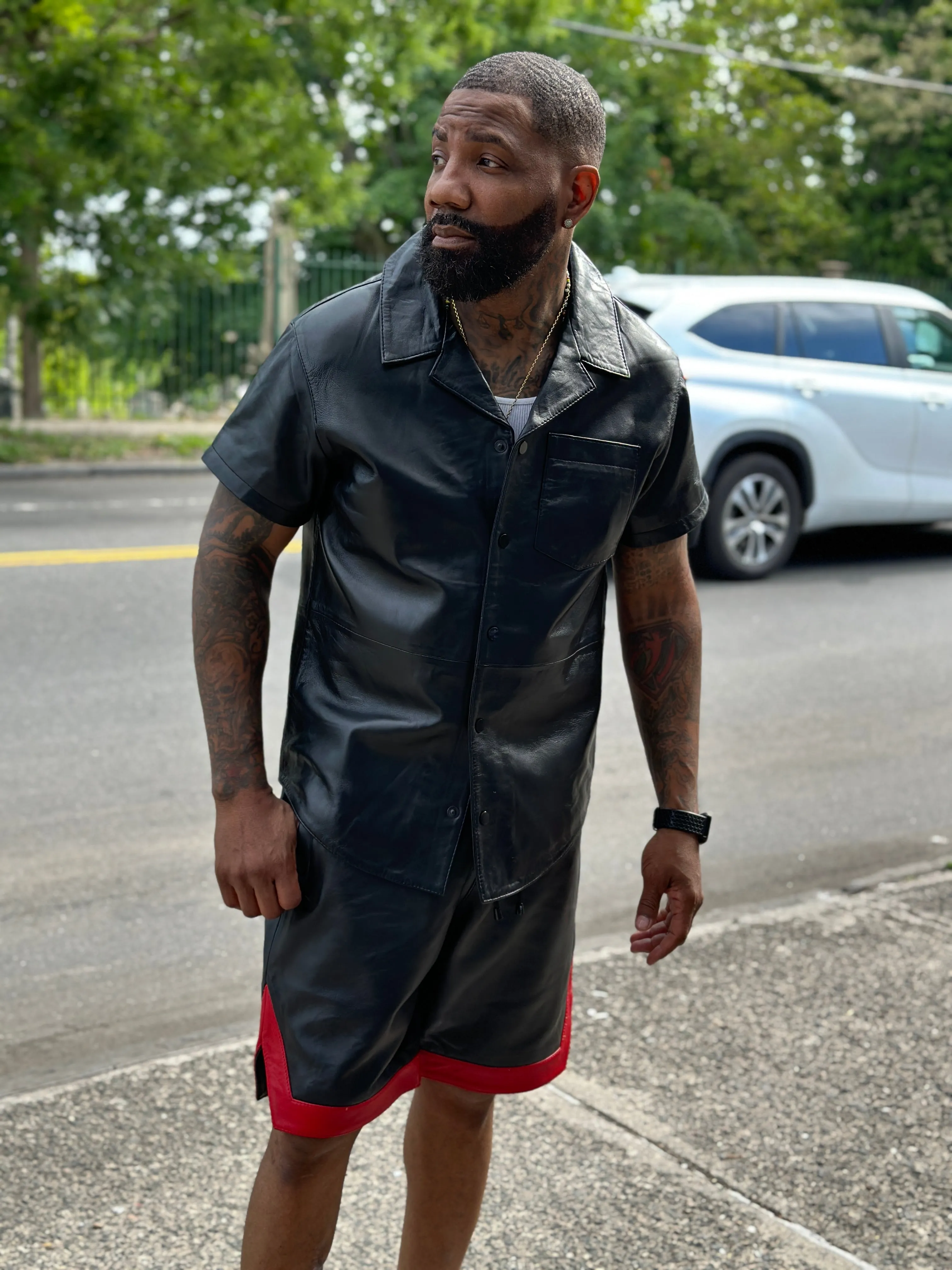 Men's Summer In Miami Leather Shirt And Shorts Set [Black/Red Stripe]