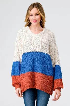 Multi Color Block Knit One Pocket Hooded Sweater /2-3-3