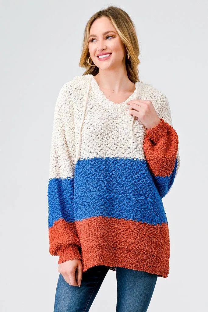 Multi Color Block Knit One Pocket Hooded Sweater /2-3-3