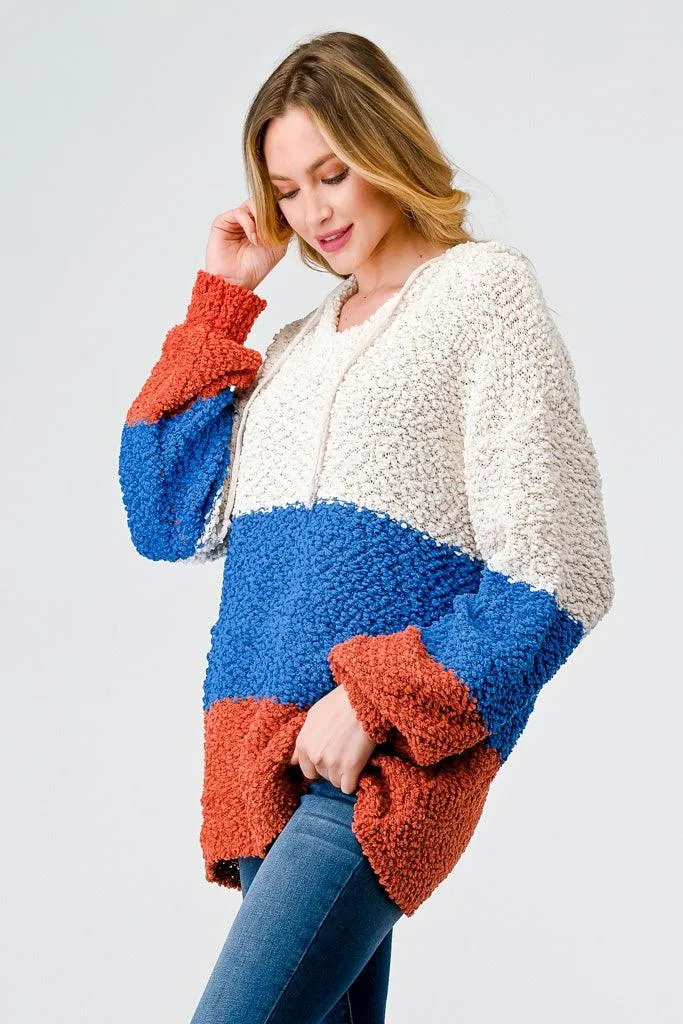 Multi Color Block Knit One Pocket Hooded Sweater /2-3-3