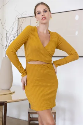 Mustard Ribbed Cut-Out Wrap V-Neck Long Sleeve Mini Dress /2-2-1