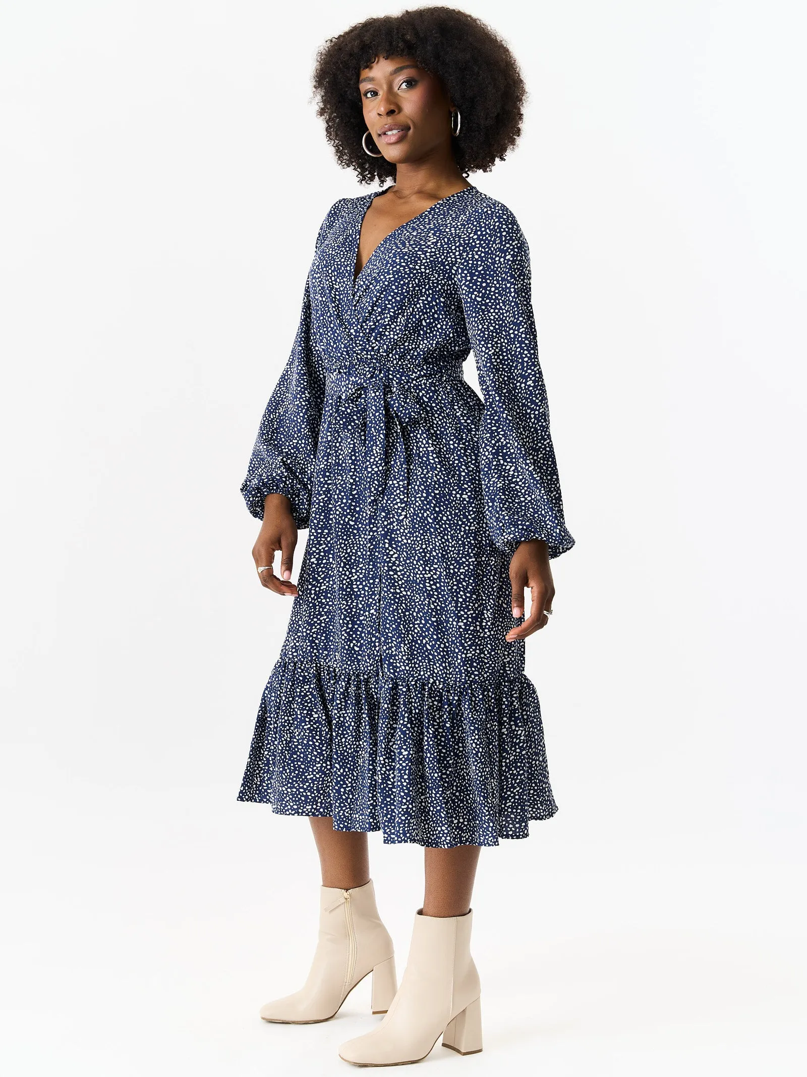 Navy Animal Printed Long Sleeve Split Detail Midi Wrap Dress