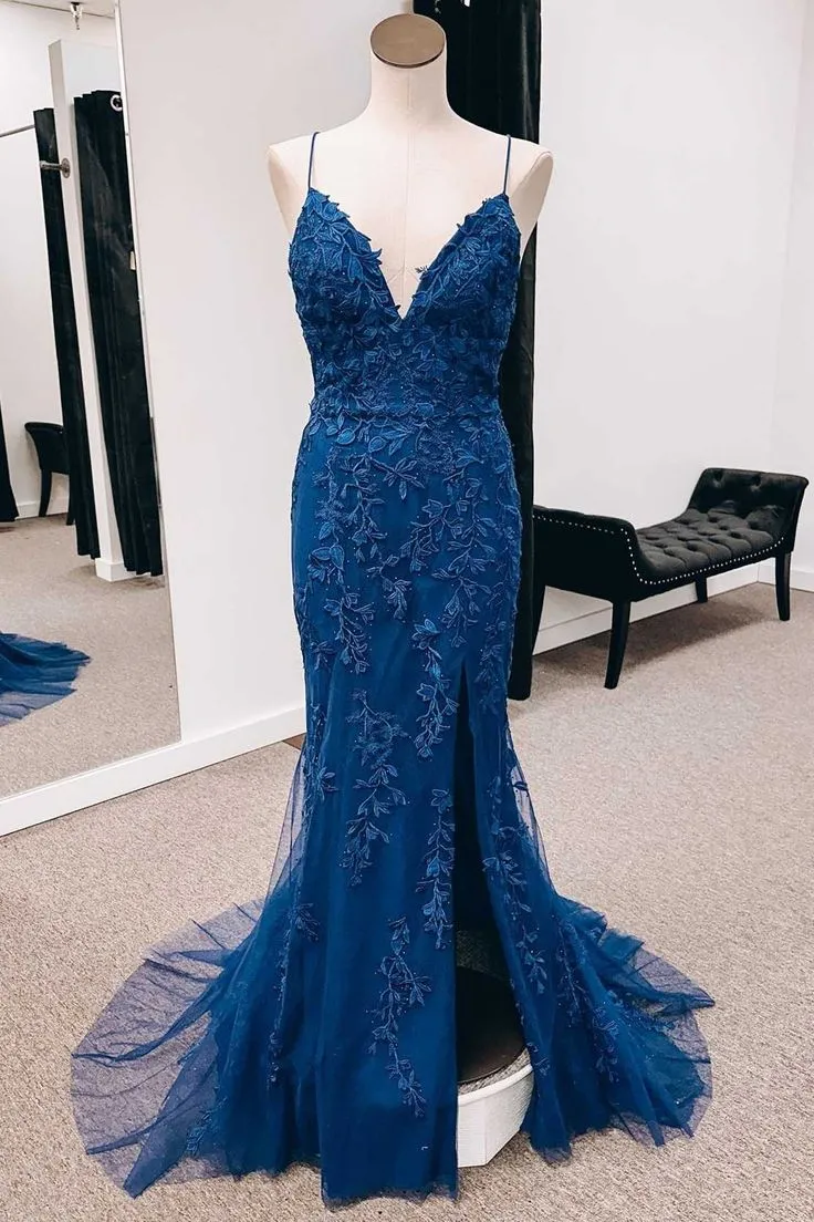 Navy Appliques Lace-Up Back Mermaid Long Formal Dress with Slit      fg4058