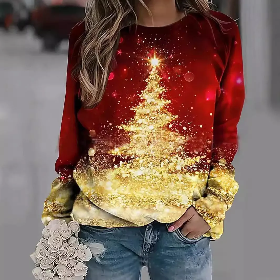 New Autumnwinter Loose Christmas Tree Print Top