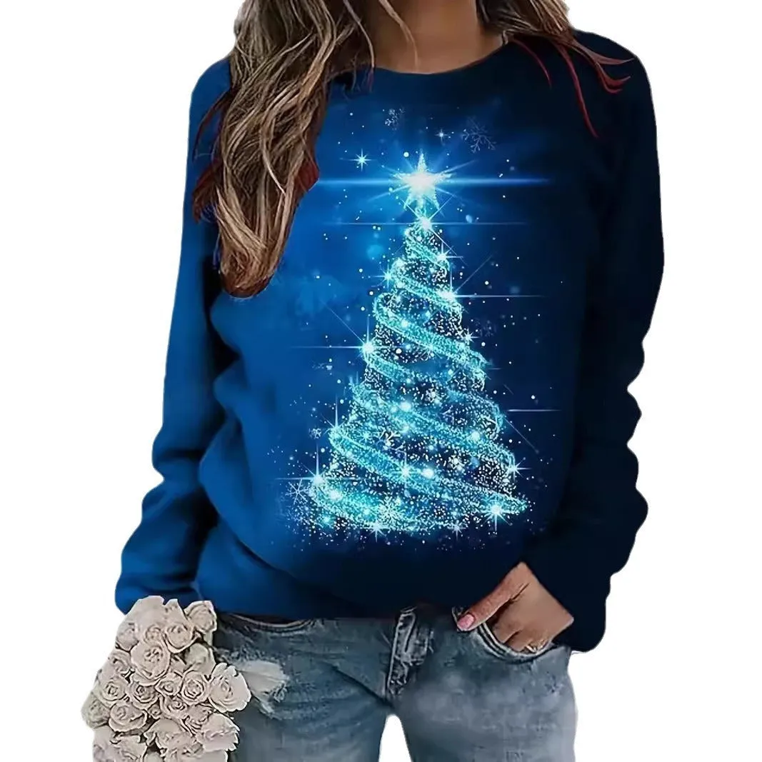 New Autumnwinter Loose Christmas Tree Print Top