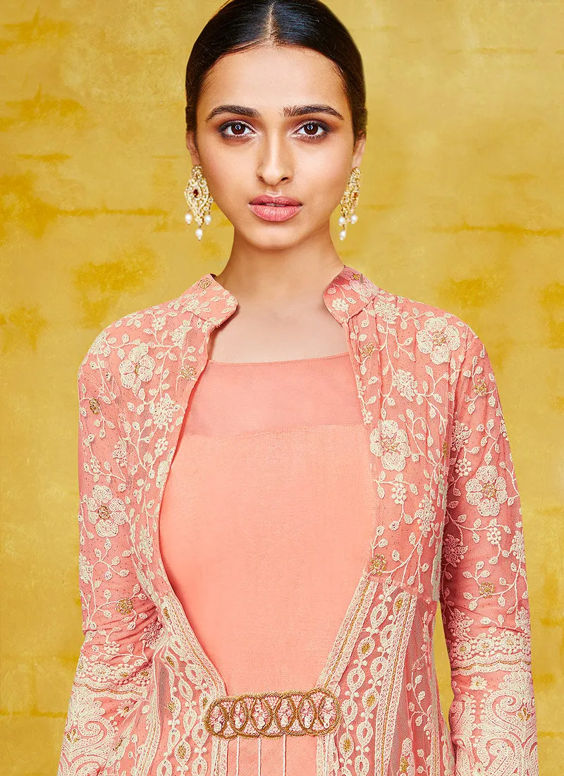 Peach Chikankari Embroidered Jacket Style Anarkali Suit