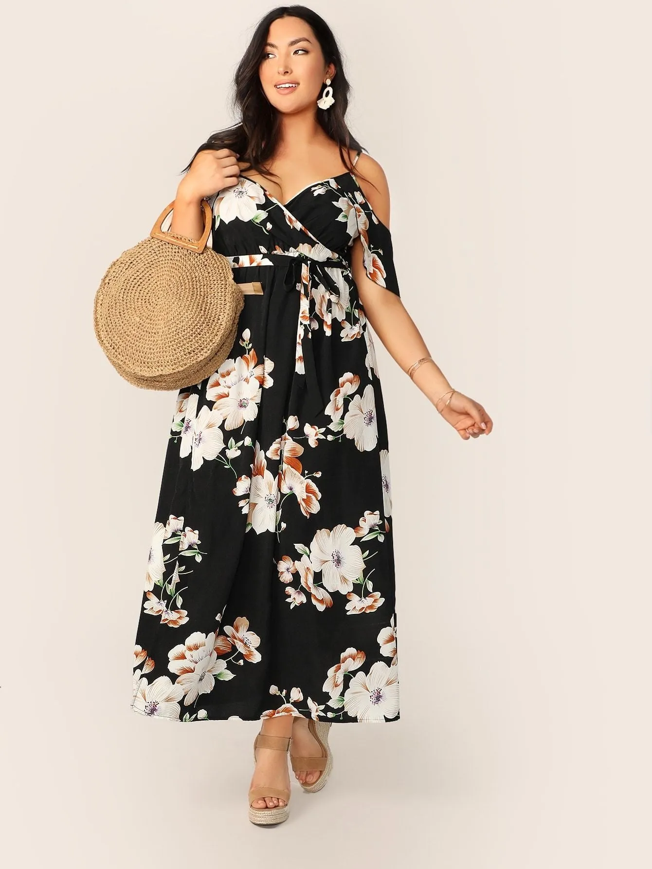 Plus Cold Shoulder Botanical Wrap Dress