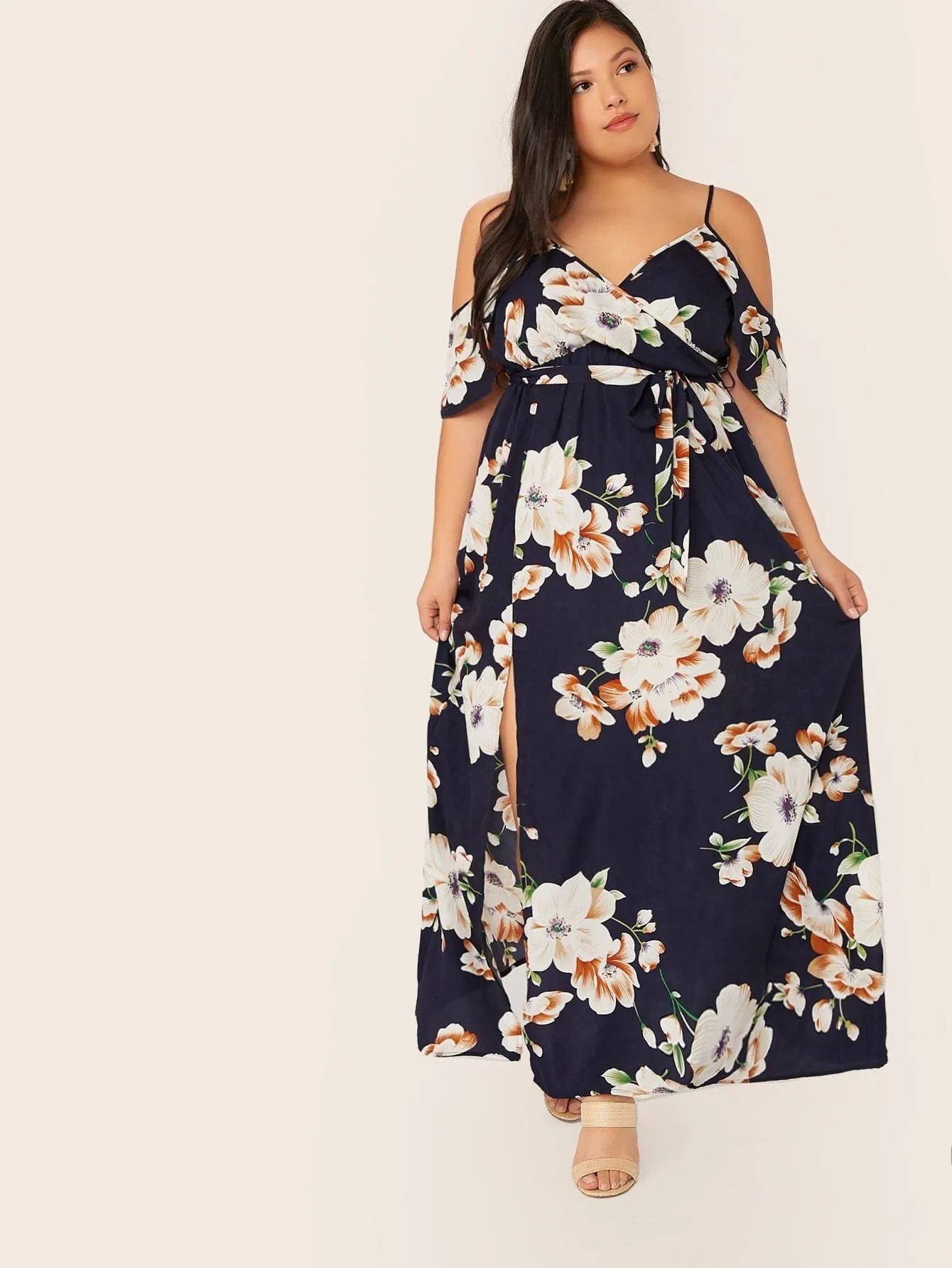 Plus Cold Shoulder Botanical Wrap Dress