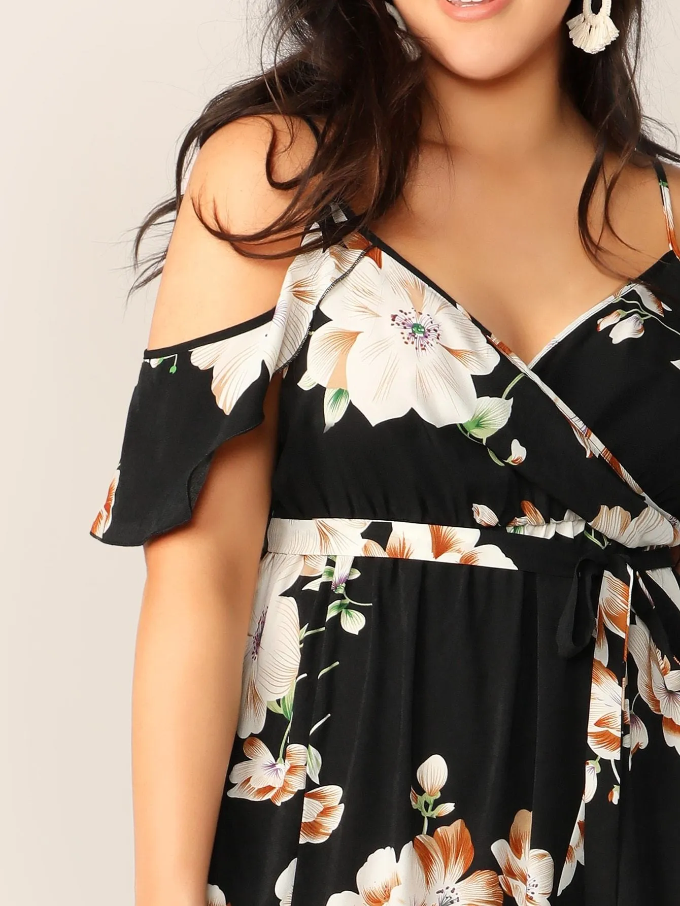 Plus Cold Shoulder Botanical Wrap Dress