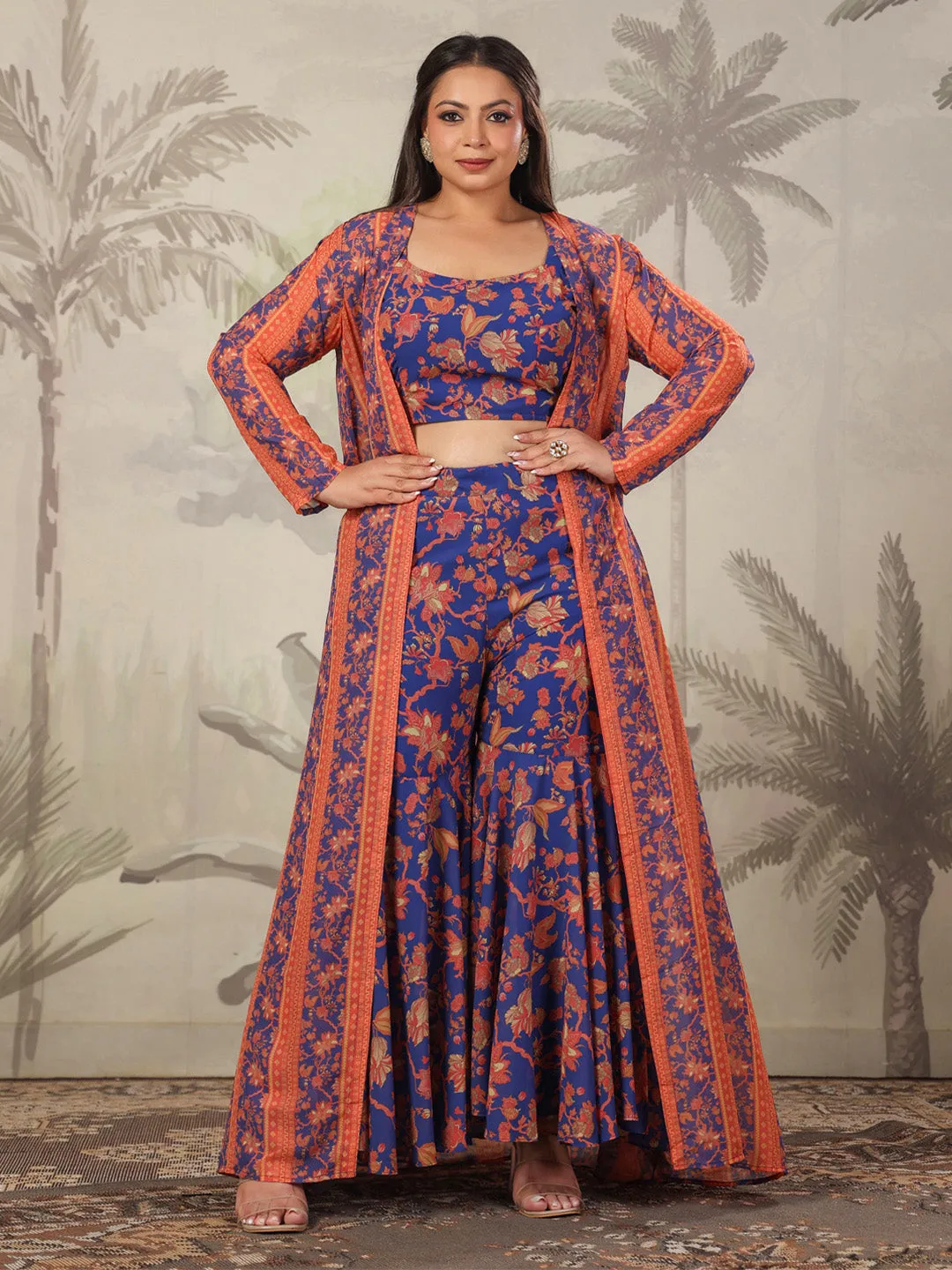 Plus Size Navy Blue Georgette Floral Printed Co-Ord Set