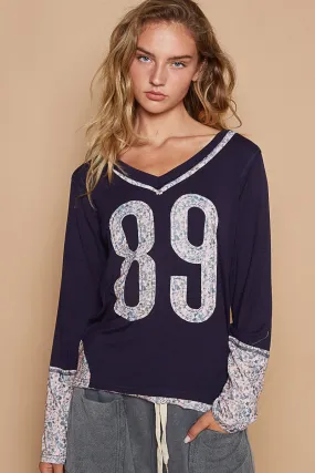 POL Navy Blue V-Neck Long Sleeve Floral Number 89 Patch T-Shirt