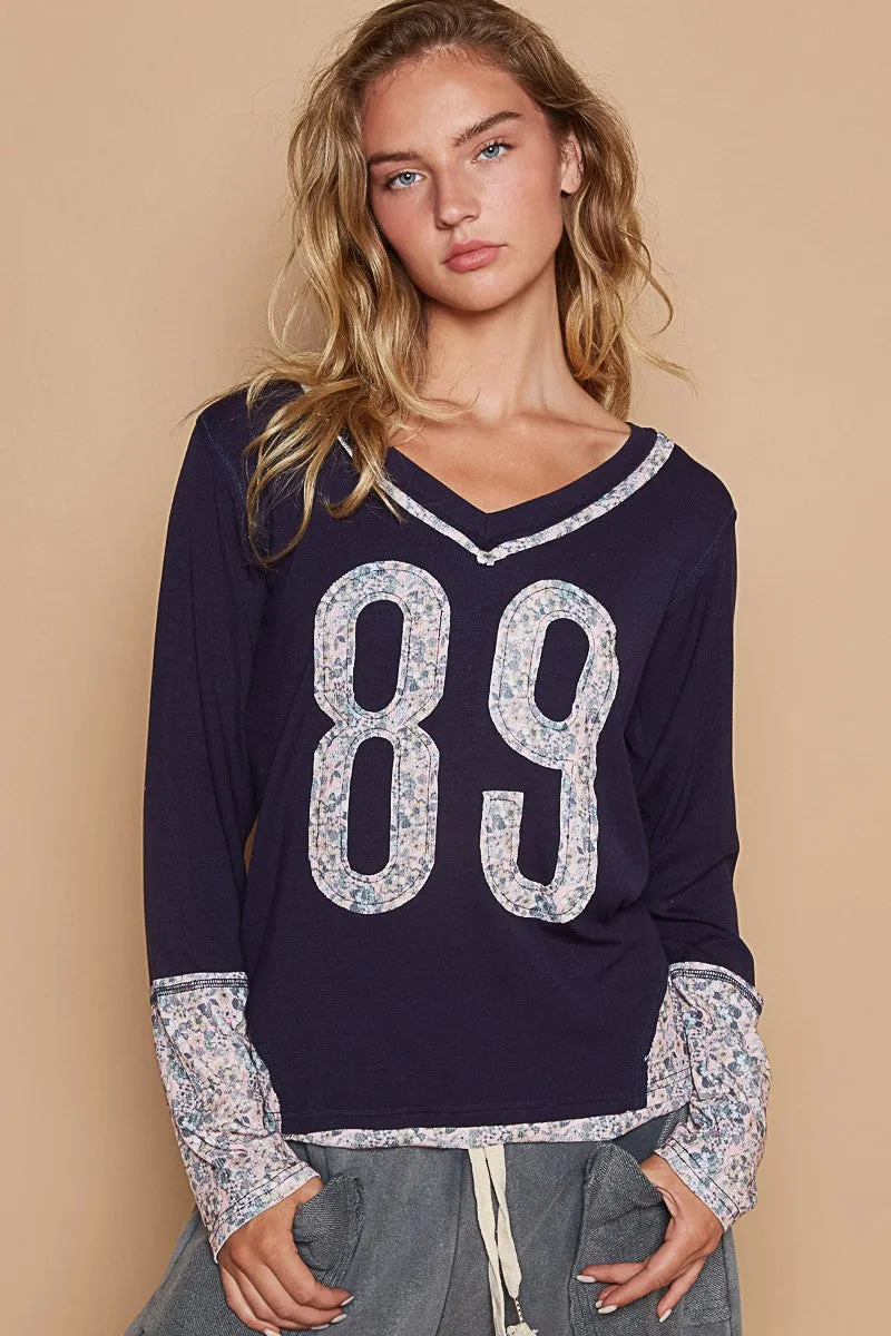 POL Navy Blue V-Neck Long Sleeve Floral Number 89 Patch T-Shirt