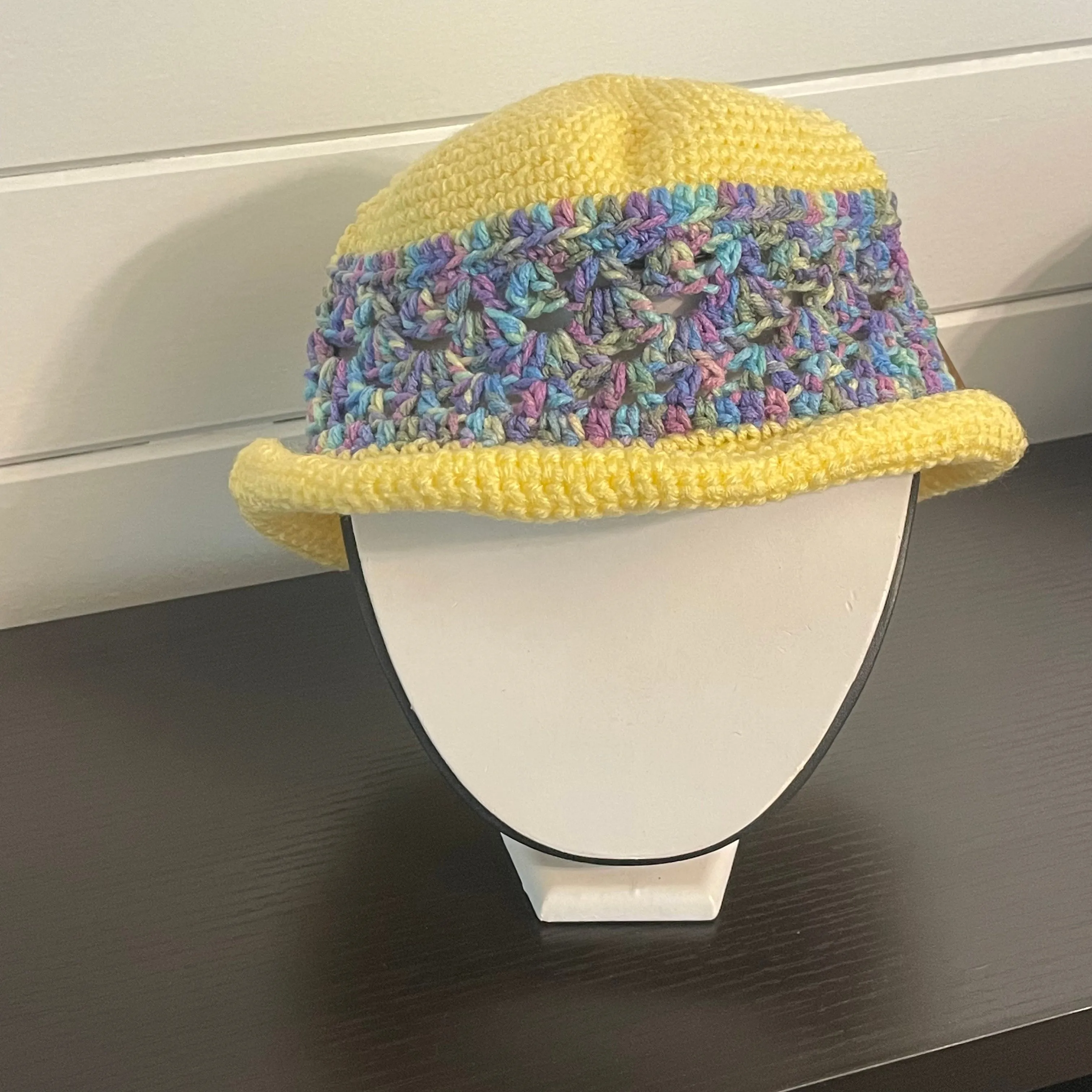 Rolled Brim Hat in Sunshine Yellow Hand Crafted Knit Vintage Retro Style Outdoor Crocheted Blue Purple Marble Accent Handmade Women Gift Accessory