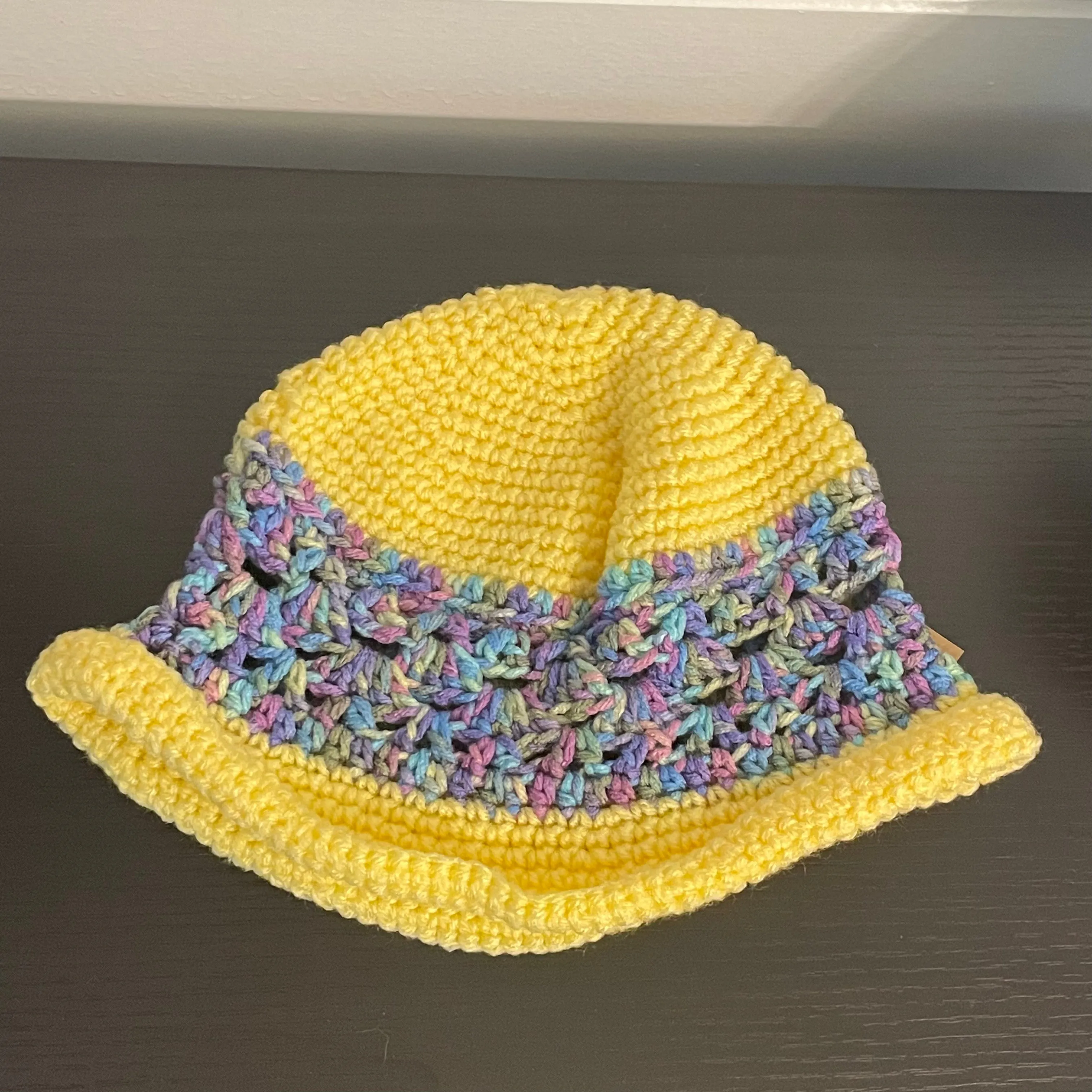 Rolled Brim Hat in Sunshine Yellow Hand Crafted Knit Vintage Retro Style Outdoor Crocheted Blue Purple Marble Accent Handmade Women Gift Accessory