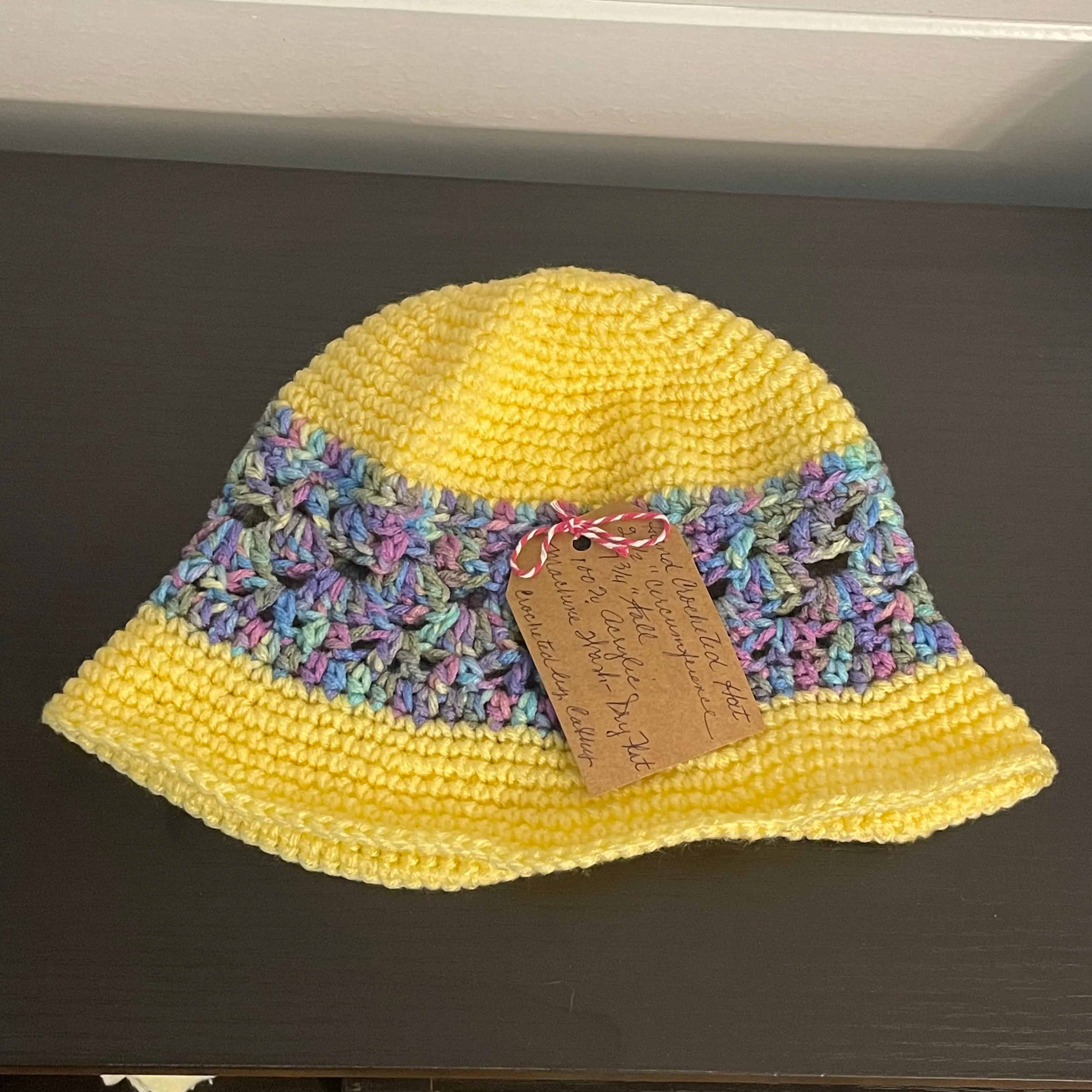 Rolled Brim Hat in Sunshine Yellow Hand Crafted Knit Vintage Retro Style Outdoor Crocheted Blue Purple Marble Accent Handmade Women Gift Accessory