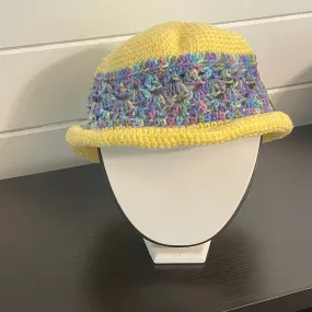 Rolled Brim Hat in Sunshine Yellow Hand Crafted Knit Vintage Retro Style Outdoor Crocheted Blue Purple Marble Accent Handmade Women Gift Accessory