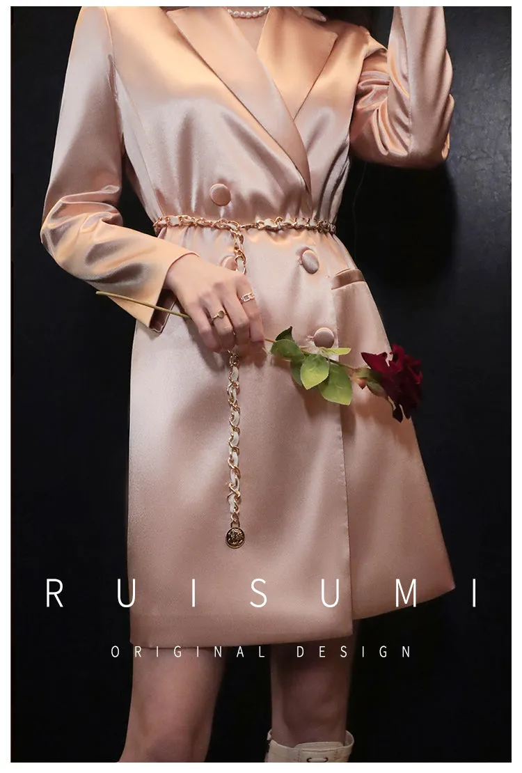 Ruisumi fashion commuting light luxury satin glossy pink suit skirt French mid-length coat- Thilia