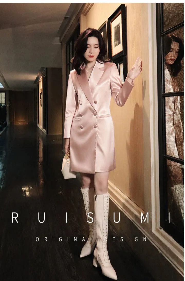 Ruisumi fashion commuting light luxury satin glossy pink suit skirt French mid-length coat- Thilia