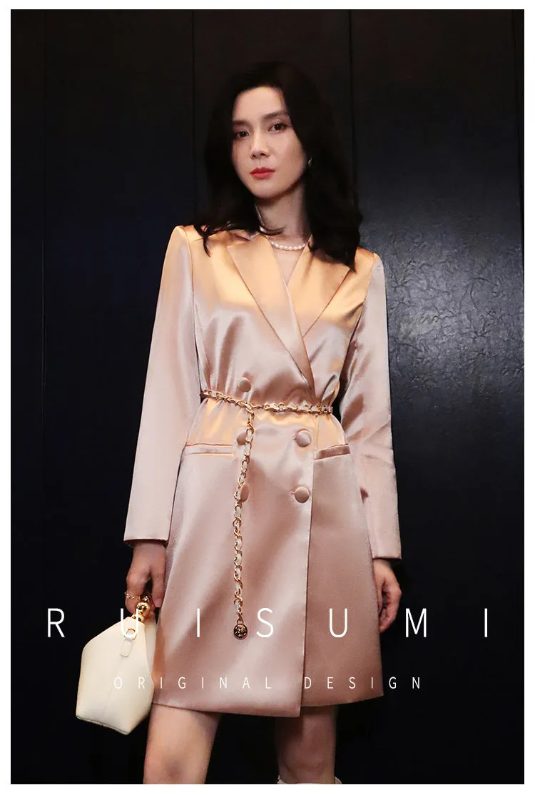 Ruisumi fashion commuting light luxury satin glossy pink suit skirt French mid-length coat- Thilia