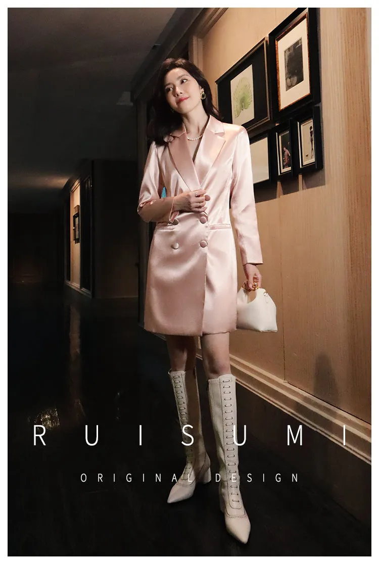 Ruisumi fashion commuting light luxury satin glossy pink suit skirt French mid-length coat- Thilia