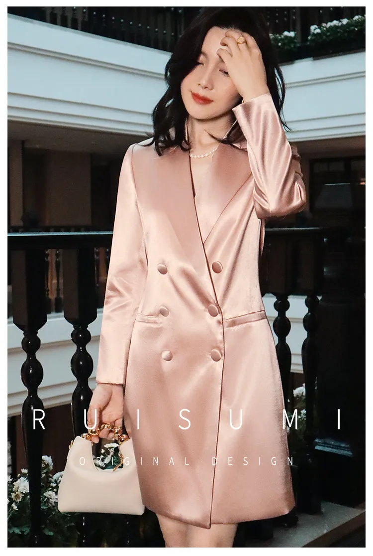 Ruisumi fashion commuting light luxury satin glossy pink suit skirt French mid-length coat- Thilia