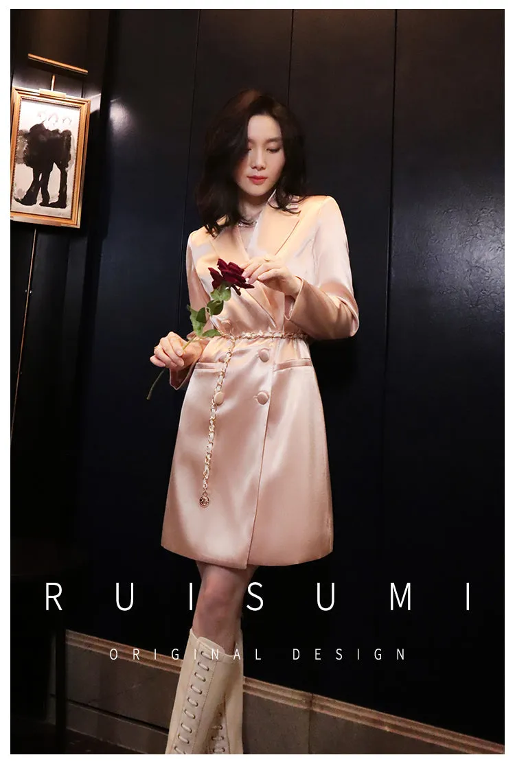 Ruisumi fashion commuting light luxury satin glossy pink suit skirt French mid-length coat- Thilia