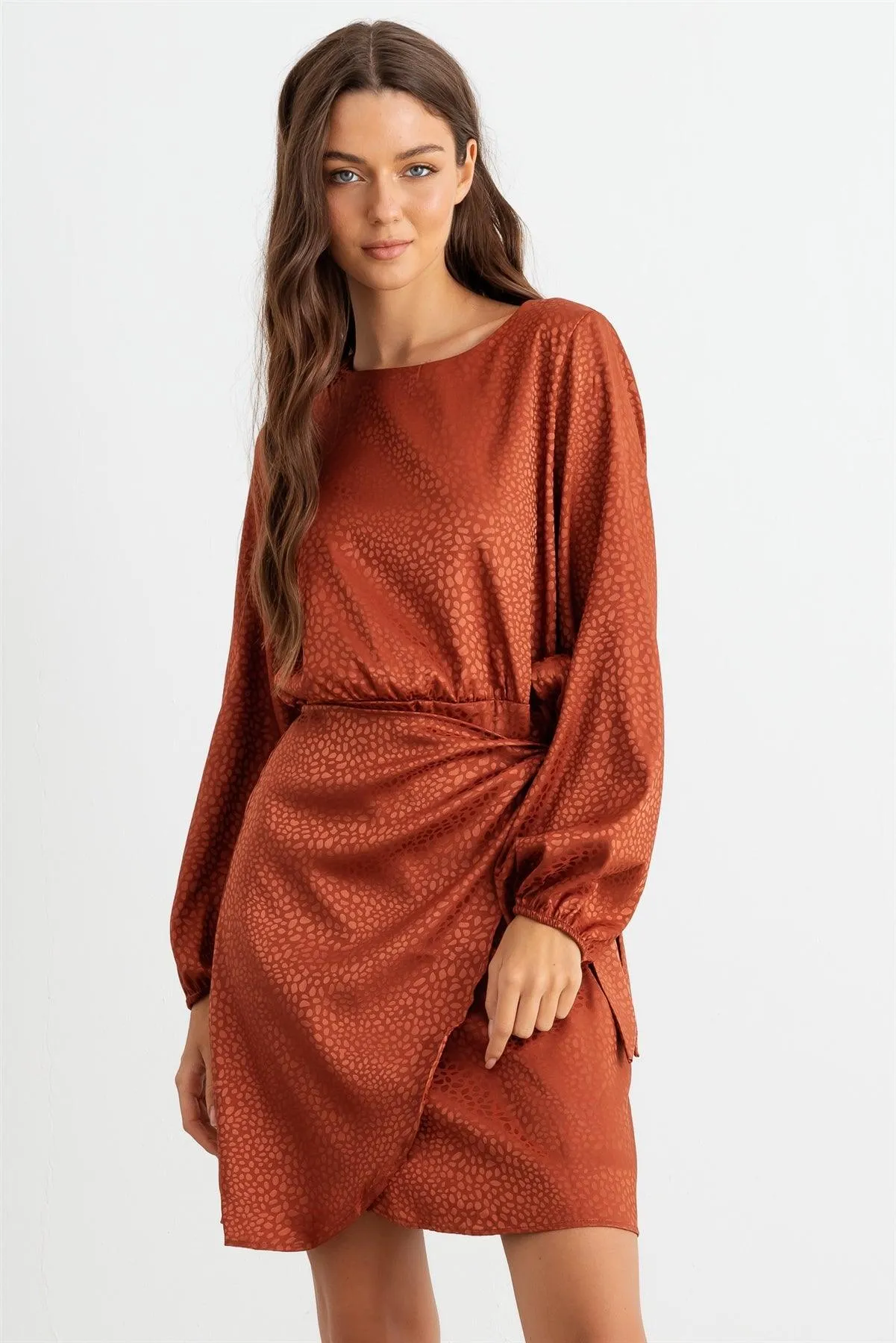 Rust Printed Satin Wrap Hem Long Sleeve Mini Dress /2-2-2