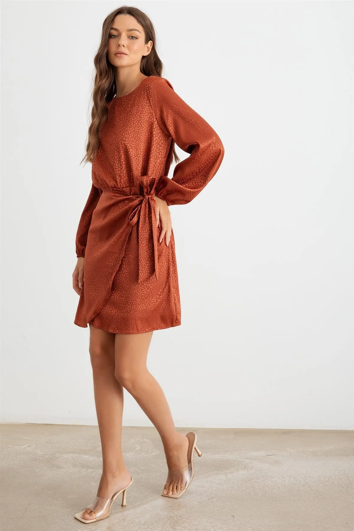 Rust Printed Satin Wrap Hem Long Sleeve Mini Dress /2-2-2