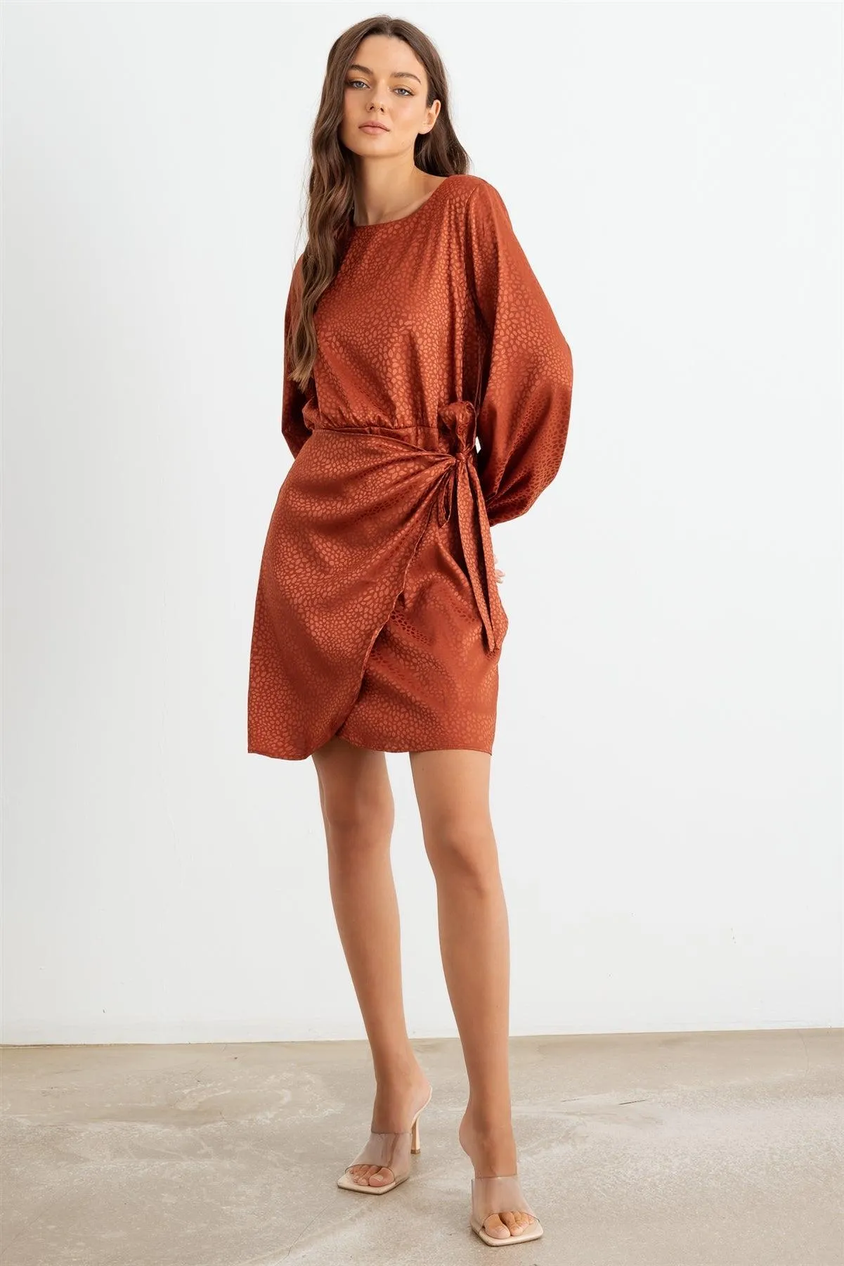 Rust Printed Satin Wrap Hem Long Sleeve Mini Dress /2-2-2