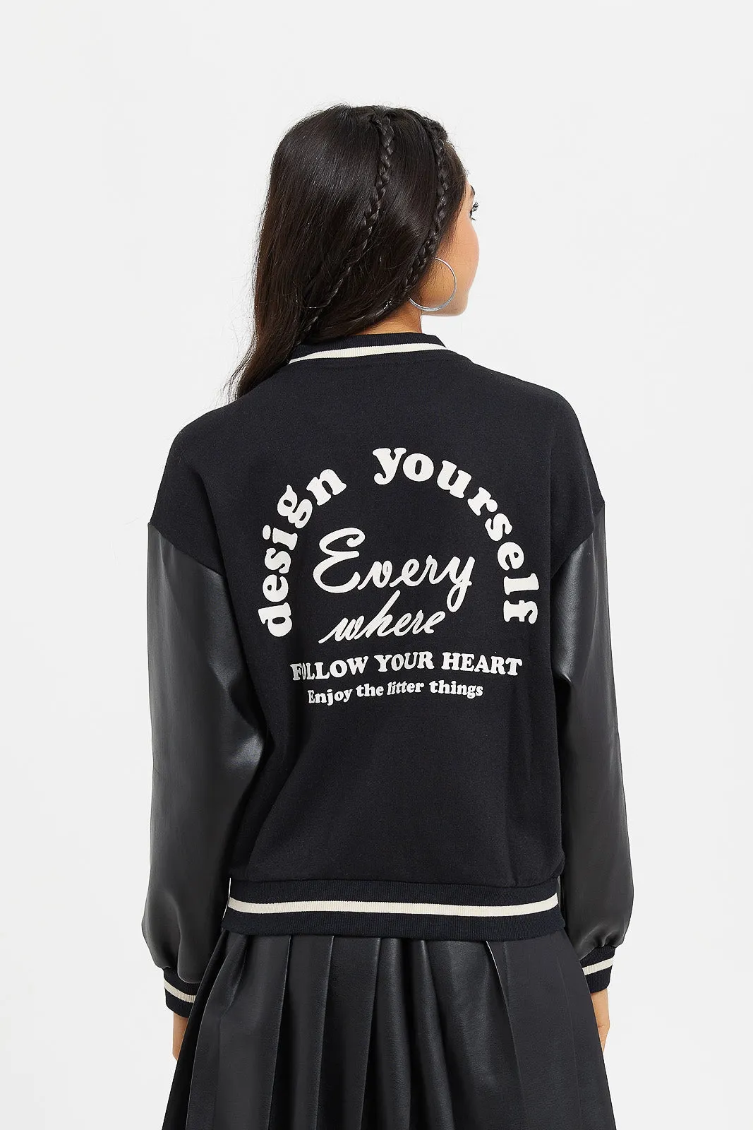 Senior Girls Black Bomber Jacket With Pu On Sleeve