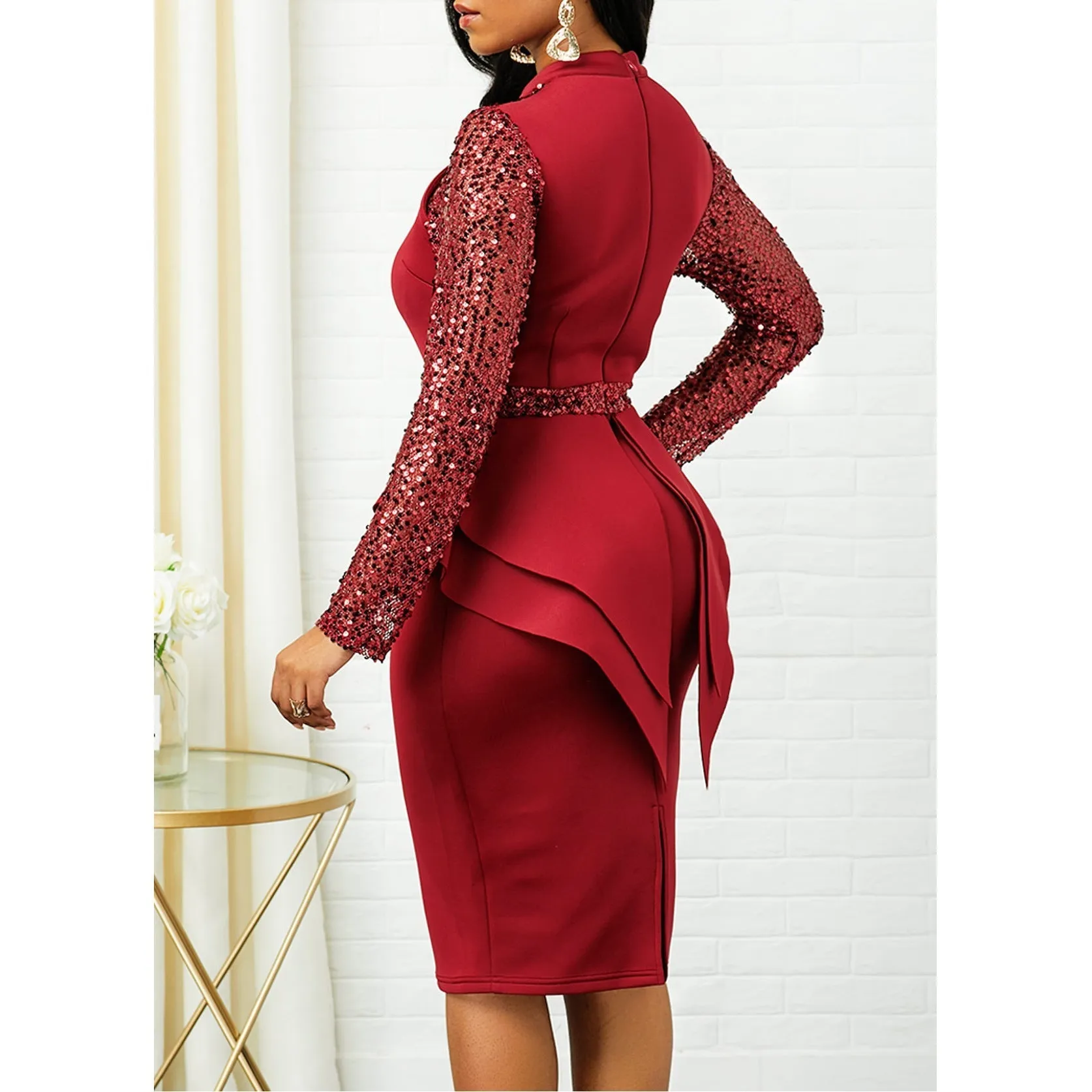 Sequins long sleeves peplum business dress | Bodycon formal party work dress