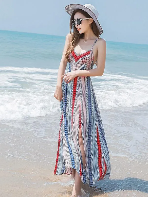 Sexy Bohemia Spaghetti Straps Deep V Neck Backless Beach Maxi Dress