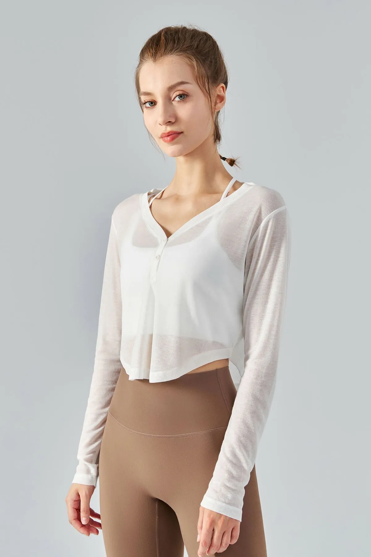 Sheer Mesh V-Neck Half Zipper Crop Tops